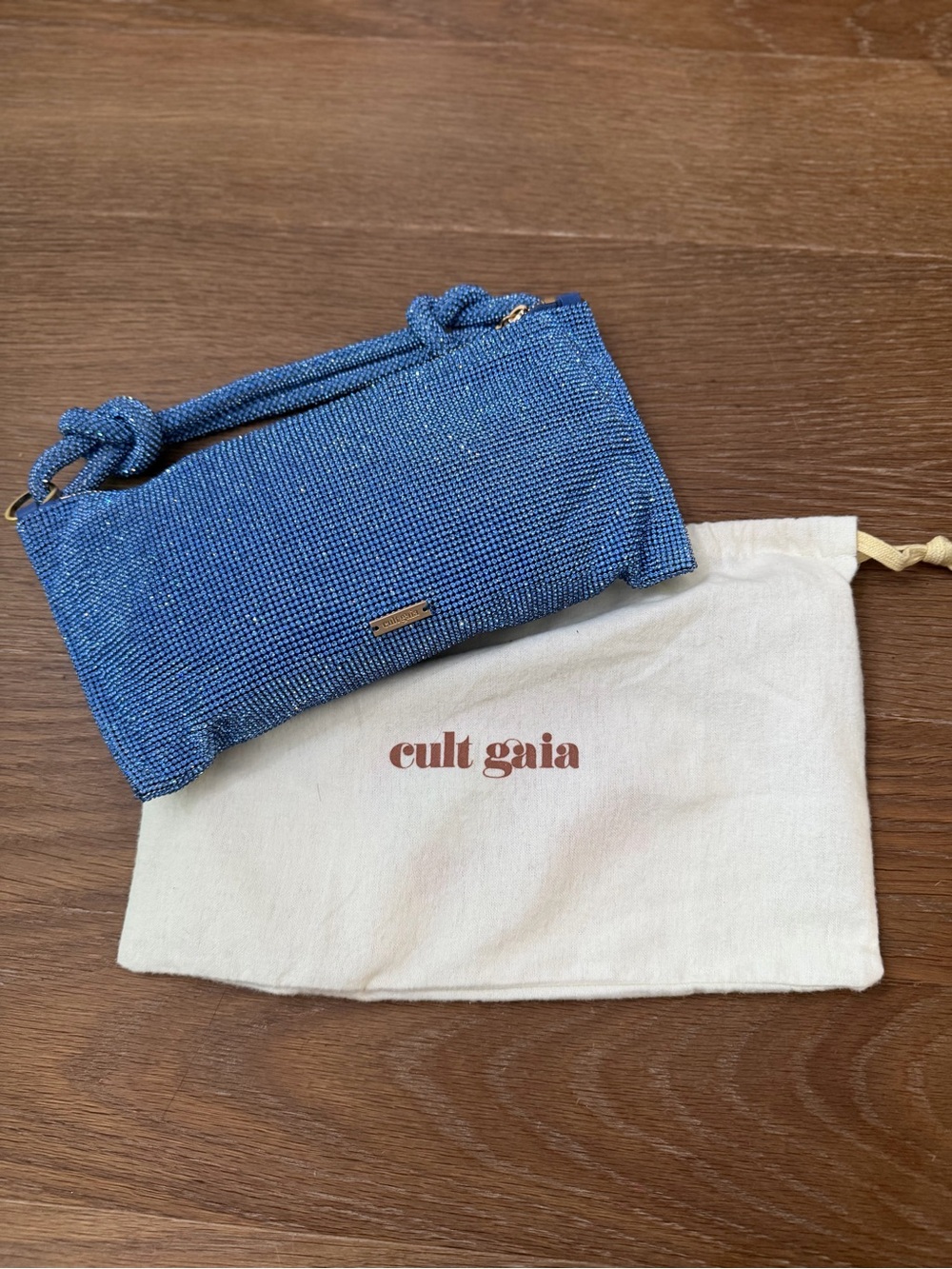 cult gaia blue beaded knotted-handle clutch